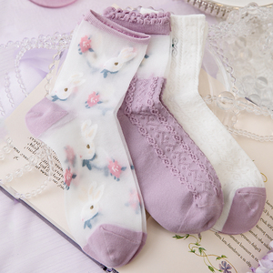 梨小洛3双Caramella玻璃丝袜日系可爱袜子女夏季薄款中筒透明网纱