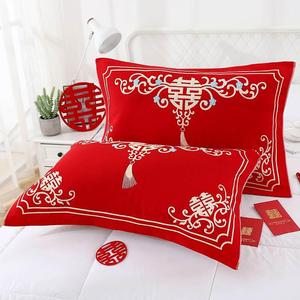结婚枕巾一对红色枕套纯棉一对装高档结婚用的红枕巾纱布枕套一体