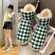 Thousand bird grid snow boots women non-slip short tube thick bottom plus velvet thickening 2021 new winter northeast cotton shoes children