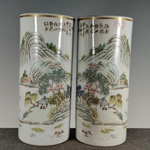 Antique Porcelain Old Goods Authentic late Qing Tongzhi Powder Color Light Downpour Color Landscape Hat Cylinder Pendulum Piece full package True