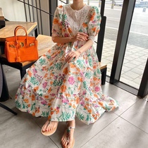 Bohemia round neck lace hollow stitching loose bubble sleeve small floral skirt