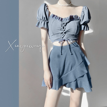 (Xia Yu Weiqi)Morandi short-sleeved skirt girl split cover meat thin conservative student swimsuit female