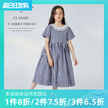 Childrens clothing girls short-sleeved dress 2021 summer new blue plaid in the big boy foreign style retro cotton thin skirt