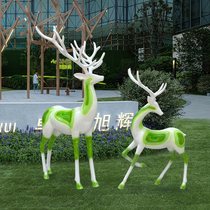 Looking back deer Green deer sculpture colorful deer abstract animal decoration large sika deer imitation copper deer glass fiber reinforced plastic ornaments