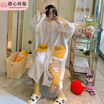 Special clearance coral velvet pajamas Womens Spring and Autumn Winter thickened robes cute long flannel home clothing yellow cat
