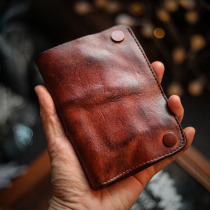 Small crowdsourced original retro men and womens youth wallets 2-fold vertical bar clasp short leather grip Tanned Tanned Cow Leather Head Layer Genuine Leather