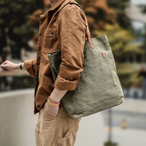 Literary retro cowhide with canvas bag men shoulder bag Japanese shoulder bag tote bag men laptop bag