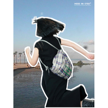 HIDDENNNOTES escape plan College wind checkered double shoulder pumping rope bag 2 color slanted satchel bag