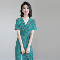 French temperament houndstooth tea break skirt New V-neck mid-length lace-up waist lingge printed dress female summer