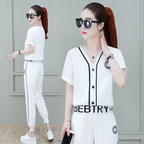 Ice silk cotton linen thin subsection foreign air leisure sports suit female summer new Korean version loose small sub-reduced two sets