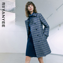 Yanyu lapel plaid trench coat womens autumn 2021 New temperament double-breasted check medium and long coat coat