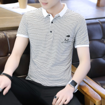 Embroidery striped lapel short-sleeved polo shirt mens summer new casual half-sleeve trend slim mens t-shirt top clothes