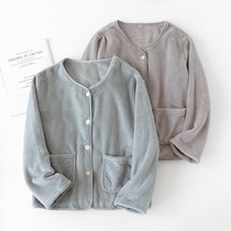 Japanese pajama tops womens flannel autumn and winter plus velvet thickened coral velvet long-sleeved homewear can be worn outside