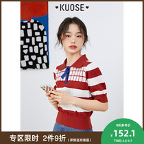 Wide Polo collar t-shirt short sleeve striped knit cardiovert 2022 new spring and summer clothing sweaters short blouses