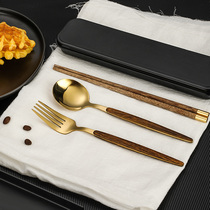 Portable tableware wooden chopsticks spoon fork set student office workers take-out box travel three-piece set single