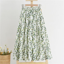 Korean floral skirt womens 2021 new spring and summer super fairy high waist mid-length cotton and linen pleated skirt a-line skirt