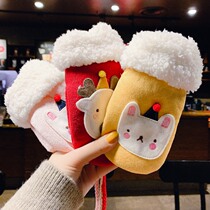 Japanese childrens gloves winter warm and thick cotton boys and girls Baby students Children anti-lost neck plus Velvet