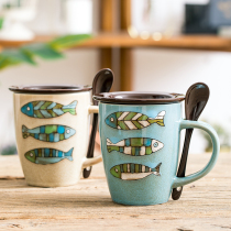 Personality ceramic cup coffee cup creative fish pattern couple Mark Cup Milk Cup with lid spoon drinking cup male