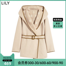 LILY Winter New Womens Dress Soft Cotton Wool Temperament Belt with cap fur Coat Big Coat