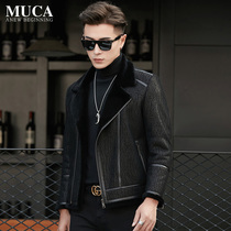 Autumn and winter New fur one jacket mens leather leather jacket short suit collar locomotive clothing leather jacket