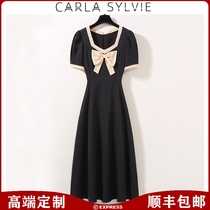 French retro square neck bow black dress female summer fat mm high-end Hepburn wind waist thin skirt