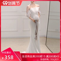 One-character shoulder light wedding dress simple travel shot Mori Super fairy waist waist fishtail Korean satin bride welcome yarn small tailing