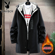 Playboy long coat mens windbreaker thickened and fattened plus size fat trendy hooded tooling jacket