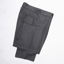 Spring autumn and winter Naples wool men's trousers retro high waist Paris buckle business gray stripes soft flannel