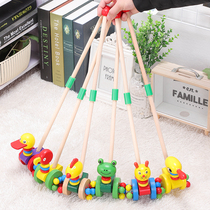Childrens wooden single pole trolley toddler push music cartoon animal cart toy 1 year old baby boy girl