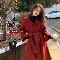 Winter Christmas red loose lace-up double-sided cashmere coat womens long knee navy collar woolen coat