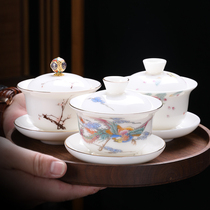Tea Set Accessories Cover Bowl Lid Shea Butter Jade Porcelain White High-end High-end Defied White Porcelain Kongfu Tea With Saucer