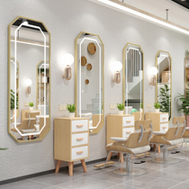  Barber shop mirror table Net celebrity wall-mounted mirror Hair salon special aluminum alloy simple LED hair salon cabinet with light