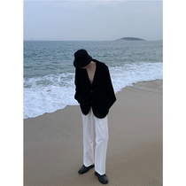 ACE Korean version of ins free hot drop feeling straight white trousers mens summer casual loose all-match waist buckle high-waisted trousers