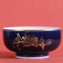 Jue kiln blue glaze gold three more figure blue and white winding branches landscape Puer Cup Single Cup
