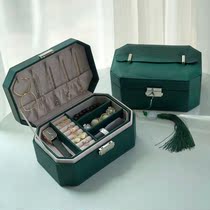 Japanese dark green jewelry box pu leather jewelry storage box three layer Princess portable jewelry box New Year gift