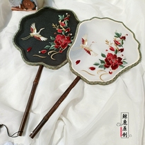 Whale deer mountain tea embroidered single - faced purple bamboo short - shaped large - size fan to take picture walking props fan