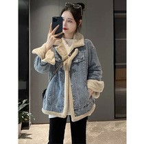2022 new popular Korean style high-end super good-looking Hepburn style plus velvet thick denim jacket womens autumn and winter