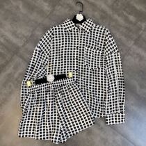 Net red grapefruit MM2021 summer lapel long sleeve mosaic plaid halter shirt with shorts ins casual suit