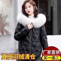 Henning genuine leather fur coat female short fox fur collar down jacket 2021 winter dress new loose sheep leather outfall