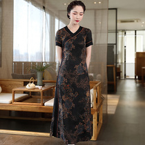 2021 Cheongsam womens summer vintage Chinese style silk fragrant cloud yarn improved version of the collar temperament long Cheongsam dress