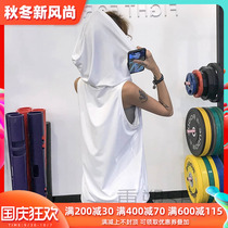 Hooded T-shirt Womens Mid-length sports blouse sleeveless vest running training fitness clothes loose yoga top thin