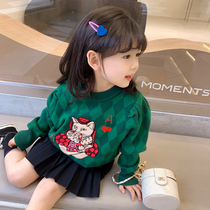 Girl Needle Weaselwear Spring Dress 2022 New Korean Version Children Spring Autumn Ocean Retro Bubble Cuff Cartoon Round Neckline Sweater