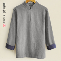 Original homemade cotton linen Tang clothing base shirt spring and autumn buckle Chinese style vintage mens top loose Zen clothing