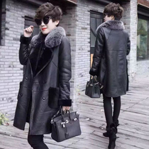 2021 Haining leather wool one plus fat plus Korean version of sheep cut wool collar coat medium and long leather coat thick and warm