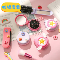 Creative portable folding flap type airbag comb mirror dual-purpose set small and cute little flower with girl heart comb