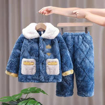 Winter three-layer cotton plush childrens baby pajamas 2 a 5-year-old boy girl thick coral velvet home clothing