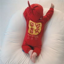 Korean version of autumn and winter baby red festive 100-day suit jumpsuit baby safe joy jumpsuit send hat
