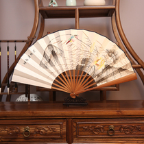 Mens folding fan 10 inch hand-painted rice paper ancient style gift Yuzhu white paper fan landscape painting Daily painting Palm bamboo fan