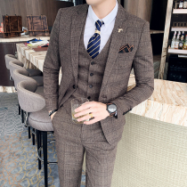 Wedding dress Mens slim plaid three-piece mens casual suit mens Korean trend groom suit suit suit