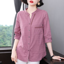 Cotton linen shirt ladies seven-point sleeve size womens shirt 2021 new summer mom loose cotton plaid shirt